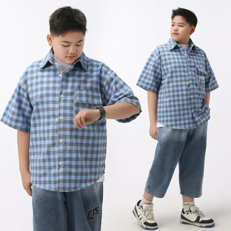 Boys Summer Short Sleeve Shirt Plaid Half Sleeve Trendy Sports Style Children's Clothing Big Kids Middle School Students