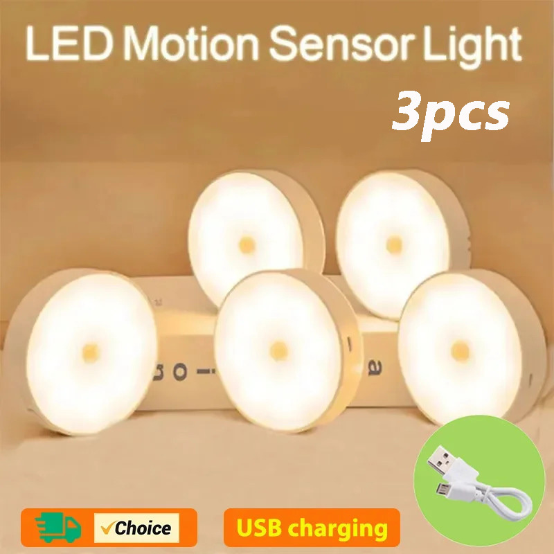  3pcs Motion Sensor LED Night Light USB Rechargeable Night Lamp For Kitchen Cabinet Wardrobe Lamp Staircase Wireless Closet Light 