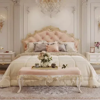 Gold European Double Bed Velvet Cream Elegant Matrimonial Girls 180X200 Cm Beds Luxury Modern Villa Cama De Casal Furniture