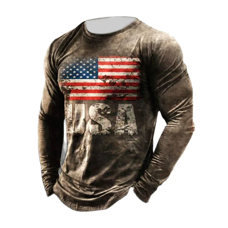 Spring Autumn Men's 3d Letter Print American Flag Long Sleeve T Shirt Street Trend O Neck 2022 Vintage Shirt Plus Size Pullover