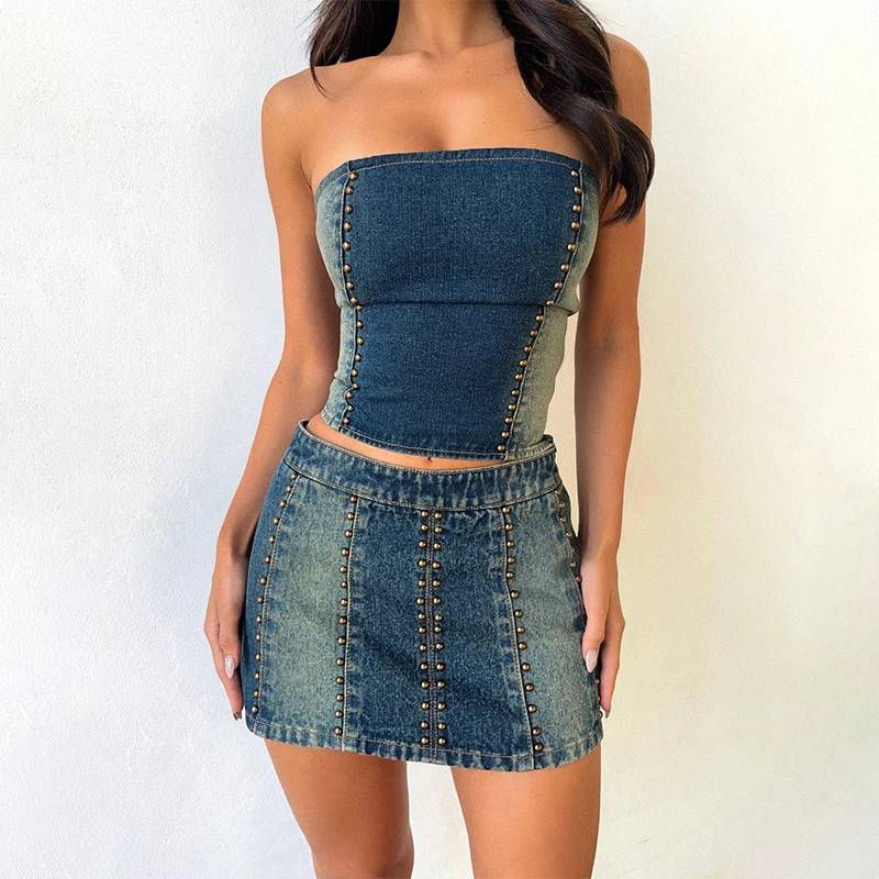 

Crop Top And Mini Skirts Slim Bodycon 2 Pieces Set Women 2023 Summer Outfits Townlike Beading Sexy Party Denim Two Piece Set