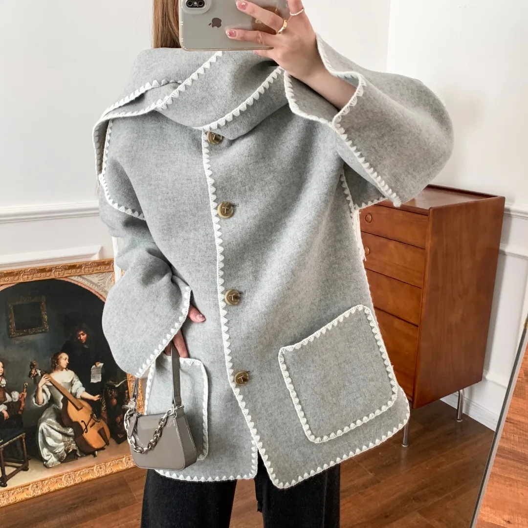 Sc5f736fb259d4153befa4d607dae0bbcl Women Fringe Scarf Collar Coat Double-sided Woollen Single Breasted Autumn Winter, Loose Embroidery Trim Female Casual Jacket Mallzona