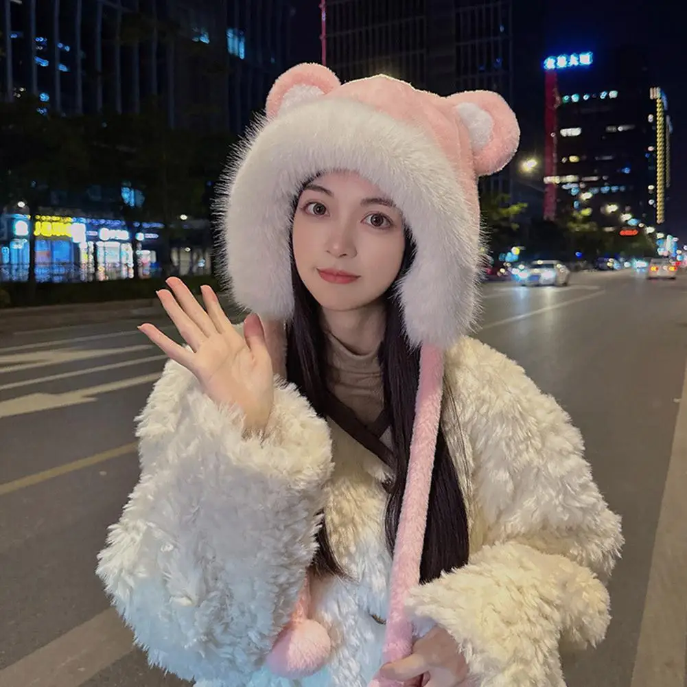 Woolen Hat Women Plush Bear Ears Windproof Autumn Winter