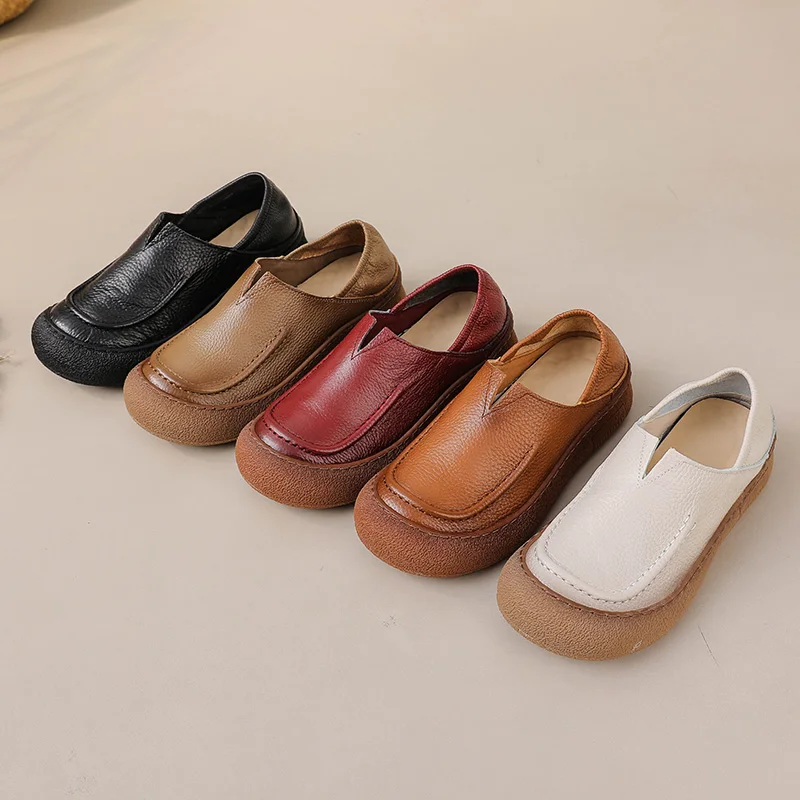 Neue V-Schnitt-Rindslederschuhe für Damen, luxuriöse Ballerinas mit breiter Zehenpartie, Damen-Vintage-Slip-on-Römerschuh, hochwertige Markenmokassins – Detail 1