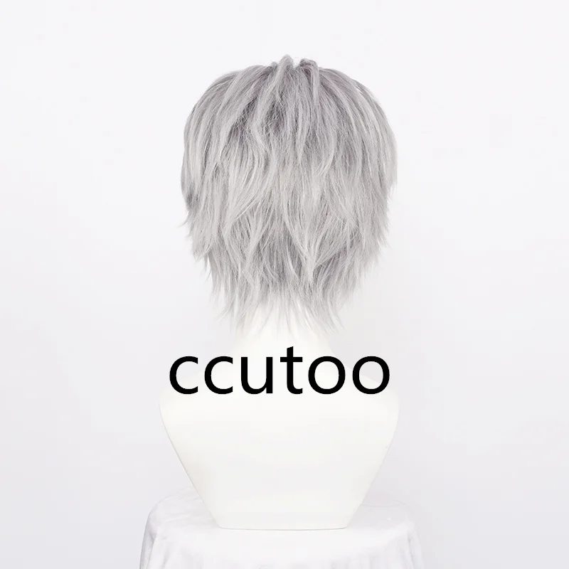 Perruque Synthétique Vergil Cosplay Courte pour Homme, Cheveux Gris Argenté, Dos Léché, Degré de Chaleur, Bonnet