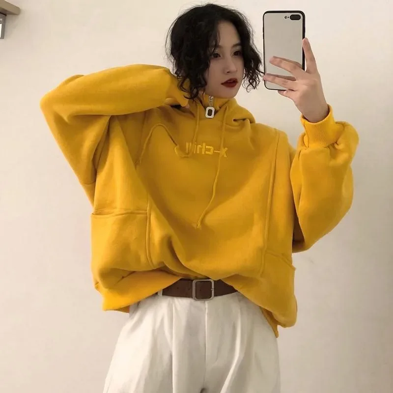 Korean Style Simple Casual Soft Loose Solid Women Hoodies Autumn Winter Trendy Ulzzang Streetwear Female Thick Pullover Clothing