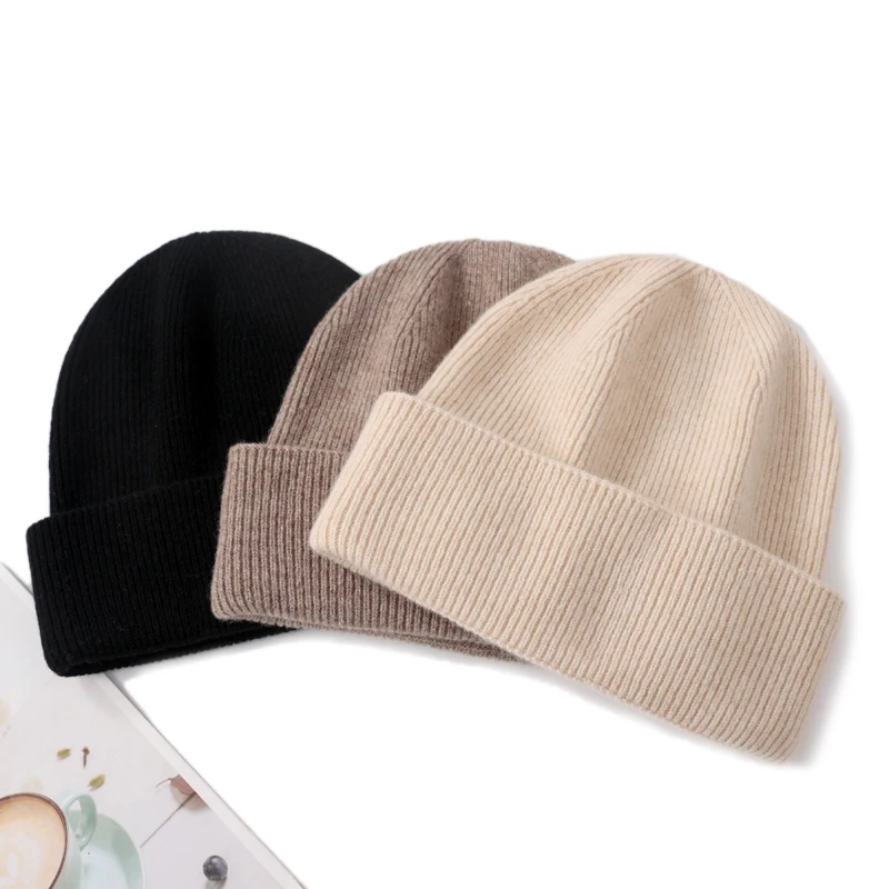 100%Pure Cashmere Beanies For Women Winter Warm Soft Solid Color Knitted Hat Y2K Korea Fashion Flipped Heap Pullover Cap Girl 3