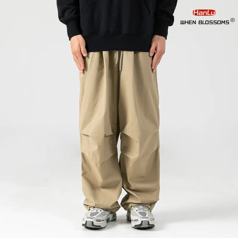 

Fashion Streetwear New Casual Cotton Cargo Pants Men's Outdoor Drawstring Double PleatedDesign Japanese Loose Straight Pants