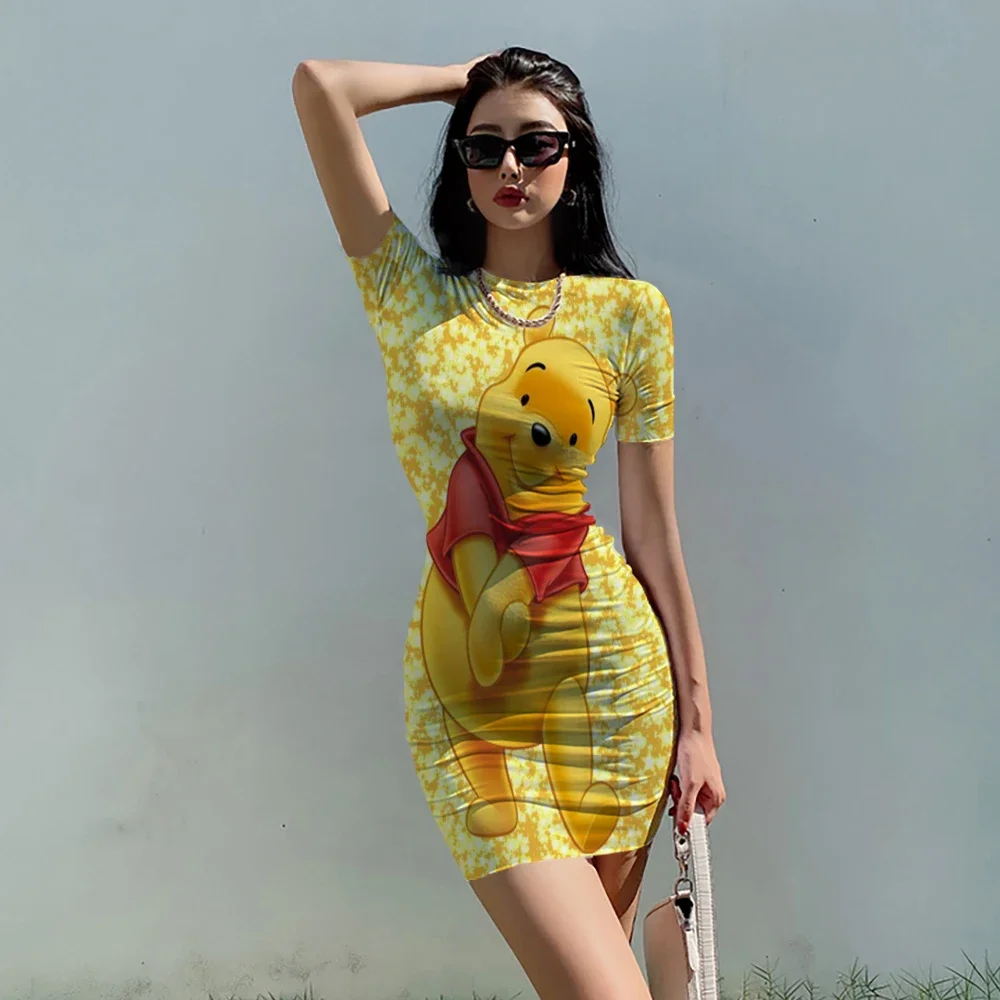 Disney Winnie the Pooh Women Summer Sexy Dress Cartoon 3d Print  Club Party Fashion Dresses Bodycon Short Sleeve Dress Slim 5