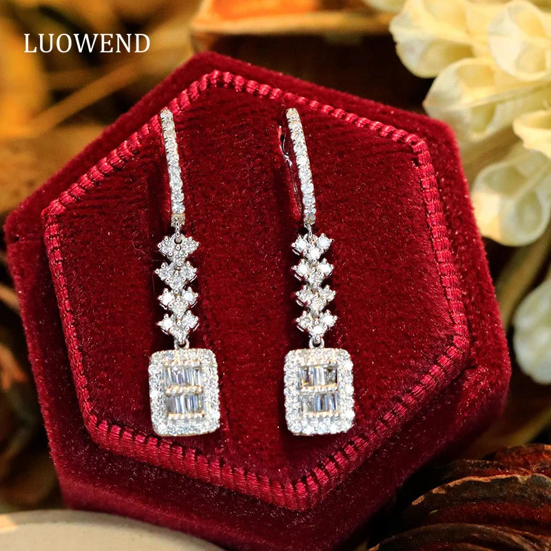 

LUOWEND 18K White Gold Earrings Fashion Geometric Design 0.80carat Real Natural Diamond Drop Earrings for Women Party Jewelry