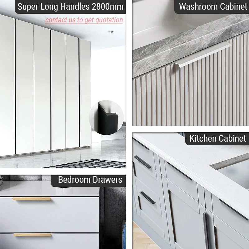KAK Hidden Long Furniture Handles Black Kitchen Cabinet Handle Pulls Non Punched Aluminum Alloy Cupboard Door Handle Hardware Furniture Handles