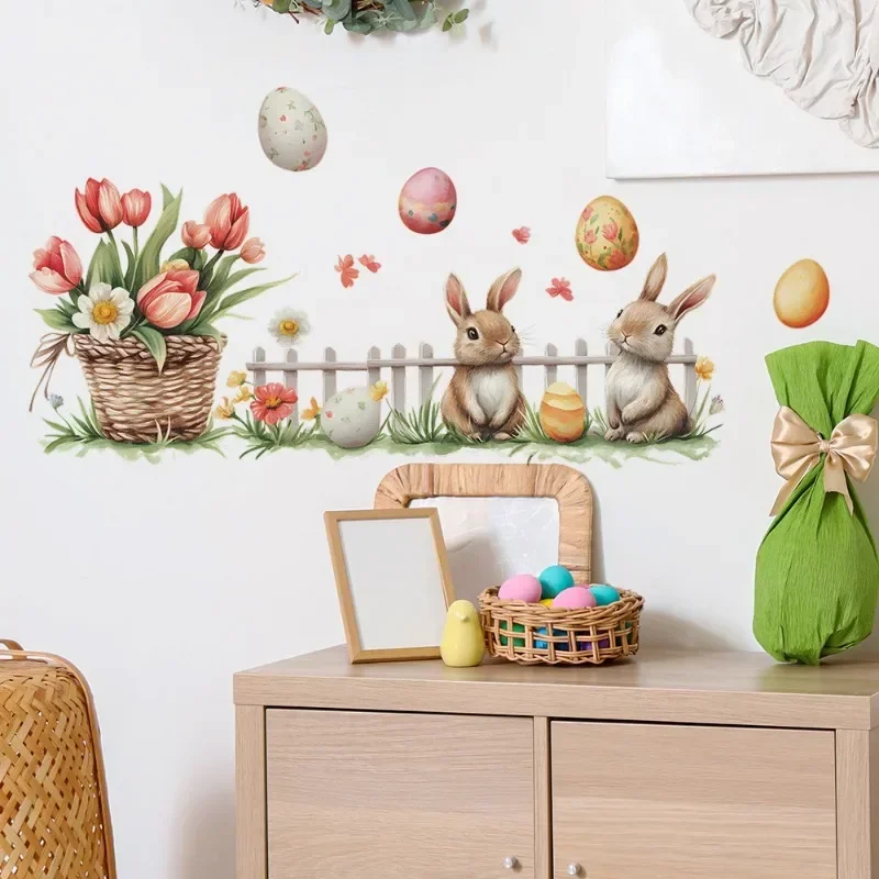 Easter Removable Wall Stickers Bunny & Basket Decor Self-Adhesive PVC Decals for Bedroom/Dorm No Residue Home Decor