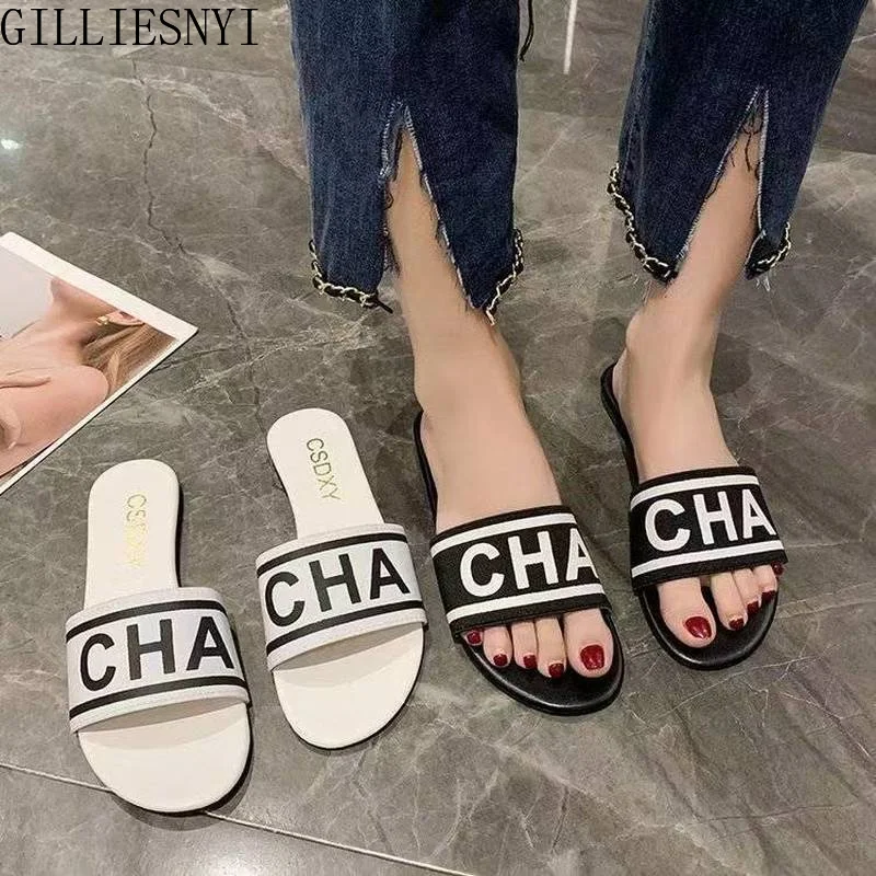 Summer Fashion Women Slides Black White Design Brand Woman Flat Heels Open Toes Slippers House Flip Flop Causal Shoes 2023 New