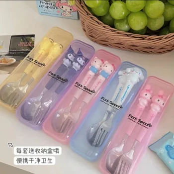 산리오 스푼 포크 2 종 세트, 귀여운 쿠로미 폼폼푸린, 헬로 키티, 마이 멜로디, 스테인레스 스틸, 어린이 식기, 주방 용품, 신제품