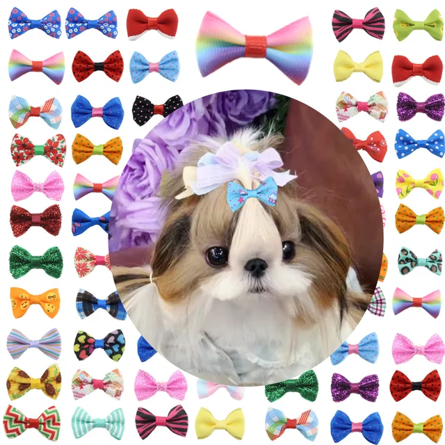 Set Cute Pet Bows Small Dogs Grooming Accessories Rubber Bands Puppy Cat Headwear Print Bow Handmade Hair Band For Dog Wholesale 2