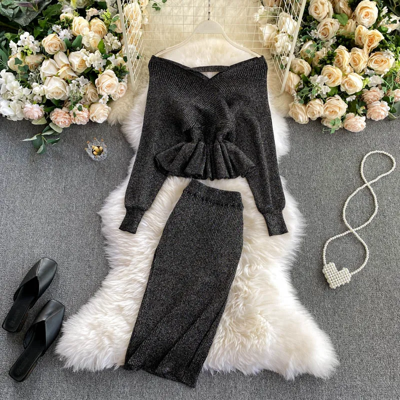 

2023 New Long Sleeves Wool Warm Sweater Knitted Two Pieces Set Autumn Women Shiny Knitting Skirts Sets Lurex Ruffles Women Suit