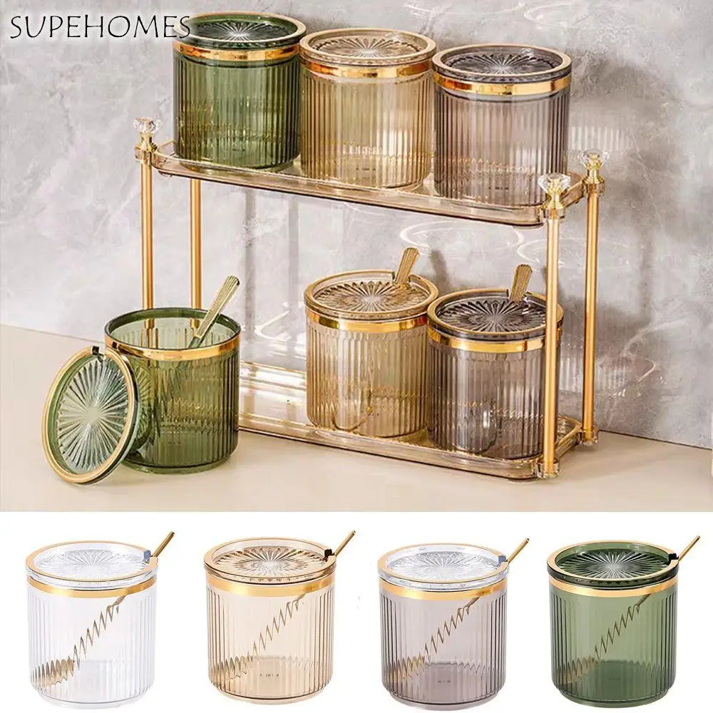 

Plastic Condiment Jar Stripe Transparent Food Storage Organizer European Style with Spoon and Lid Spice Container Household