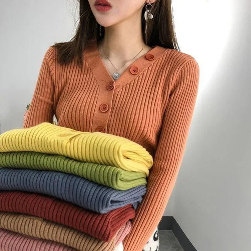 

Autumn / Winter Women's Long-sleeved Tops New Candy Color V-neck Single-breasted Knit Sweater Slim-fit Pullover Bottoming Shirt