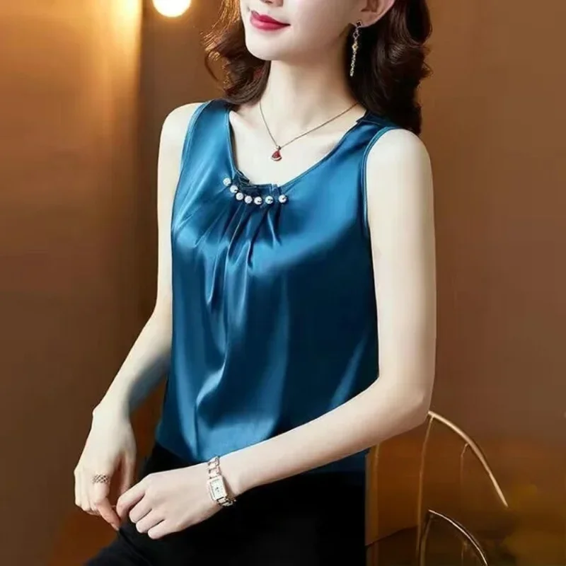

Women Faxu Satin Blouses Elegant Long Sleeve Silk Tops Pearl Stand Collar Female Office Shirts Solid Casual Blusas