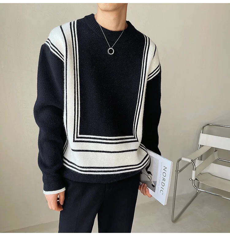 pulôver com gola O, suéter coreano, contraste