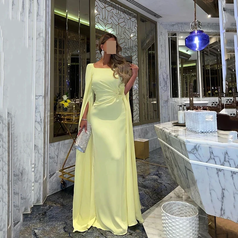 

UZN Yellow Chiffon Prom Dresses Boat Neck Long Shoulder Wings Evening Dress Saudi Arabia Hong Party Gowns Custom Size