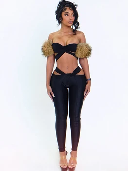 Weird Puss Sexy Cross Hollow Women 2 Piece Set Tracksuit Slash Neck Fur Patchwork Tops+High Waist Leggings Matching Streetwear 1
