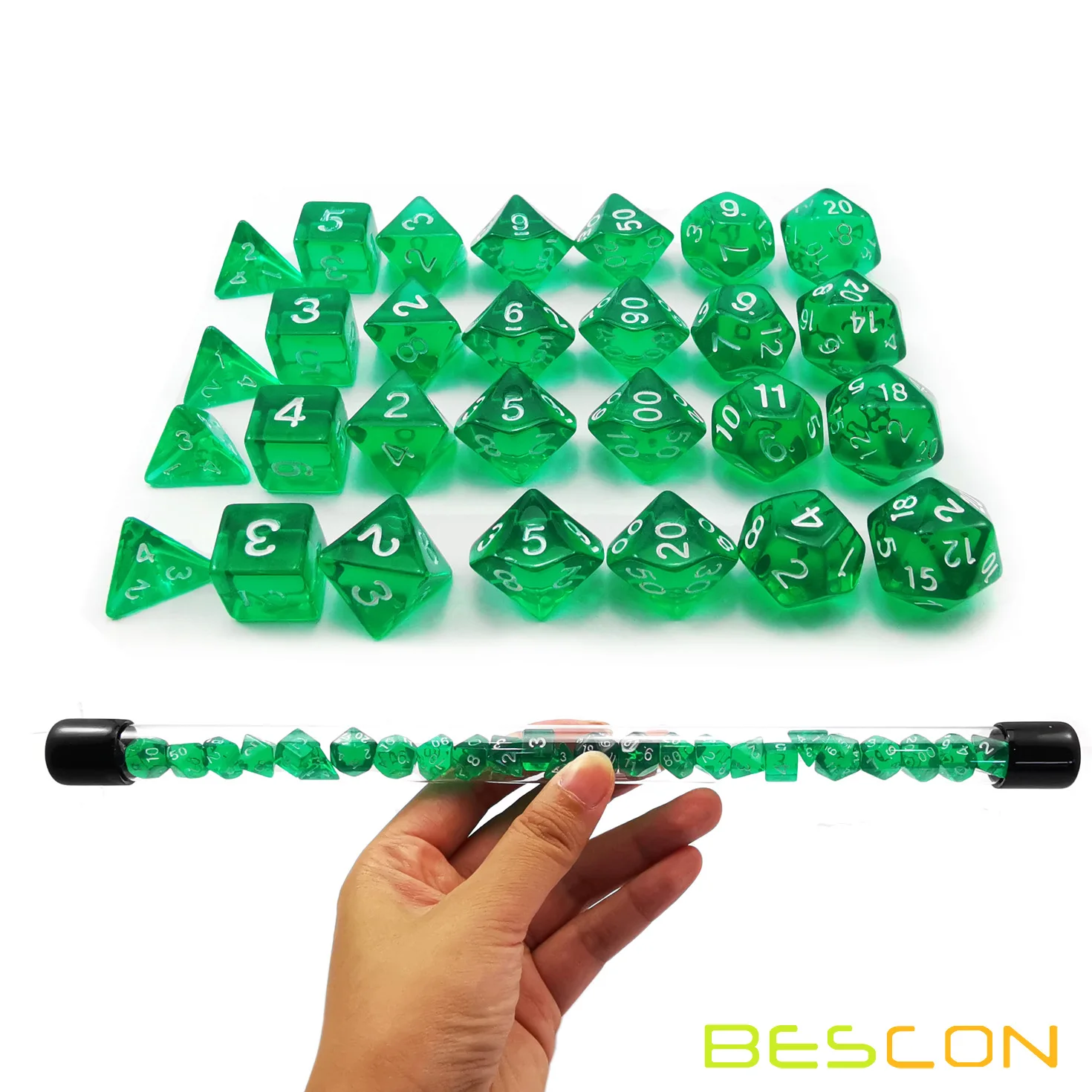 Bescon 28pcs Translucent Green Mini Polyhedral Dice Set in Tube, Mini RPG Dice 4X7pcs,Mini Gem Green Dice Tube Set 3