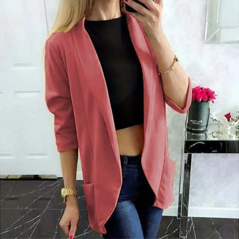 Simple Slim Blazer with Pocket Women Solid Colors Buttonless Lapel Casual Office Blazer  Lady New Work Wear Formal Clothing