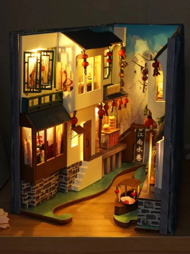 

Bookshelf Home Decoration Gifts Insert Decor Ancient Streets Retro Bookshelf Alley Bookend Model Building Ornament Kit LED Light