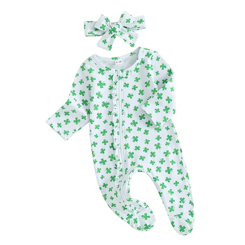 Citgeett Spring St. Patrick's Day Infant Baby Girls Jumpsuit Long Sleeve Clover Print Footed Romper Headband Clothes
