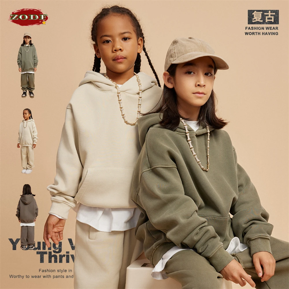 ZODF Kids New 2023 Washed Fleece Hoodies Retro Children Girls Boys Loose 355gsm Comfortable Warm Pullovers Streetwears KH0020 2
