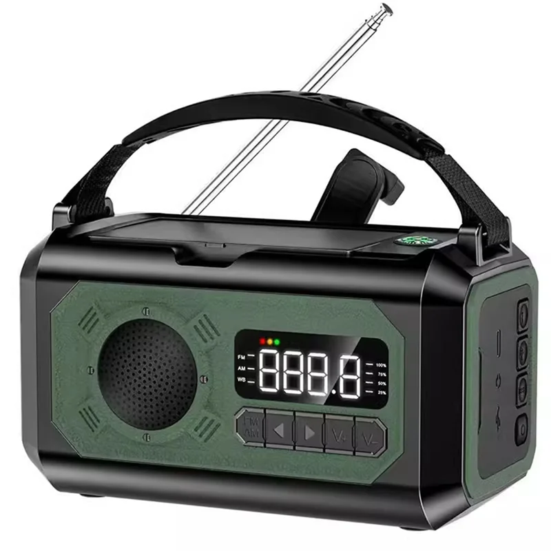 T24C 태양열 구동 12000Mah 핸드 크랭크 AM/FM/NOAA 라디오, 비상 SOS 경보 및 캠핑용 독서 등, 진한 녹색