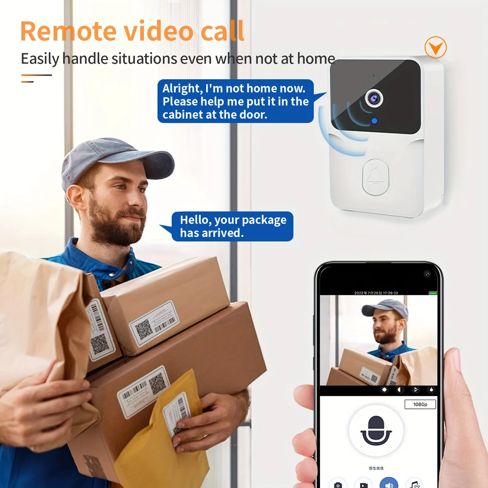 Smart HD Wireless Doorbell Camera with Night Vision, Two-Way Audio, App Control & Rechargeable Battery
