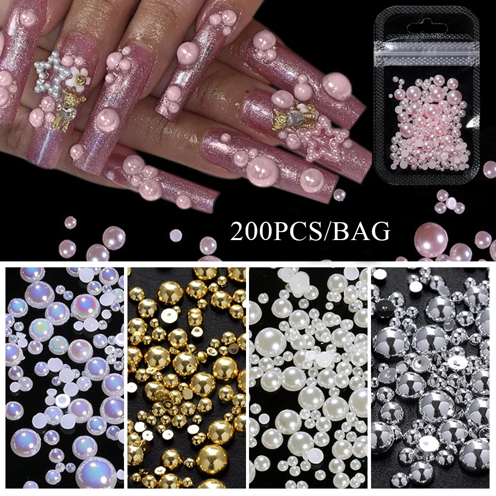 

200Pcs 3D Pearl Nail Art Punk Silver Pearl Shape Gothic Luxury Charms Manicure Tips Rhinestones Decoration Nail Art Charms