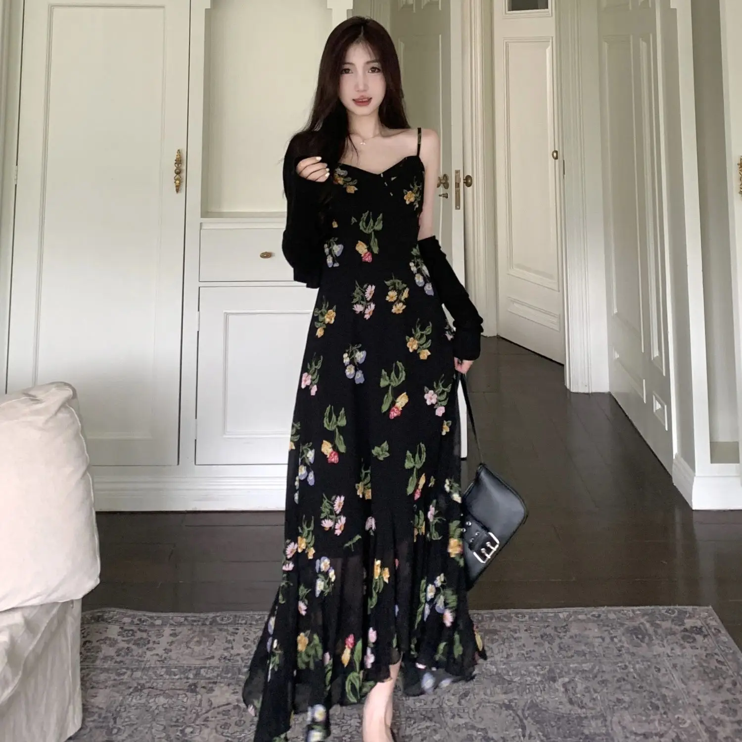 레트로 블랙 플로럴 피쉬테일 홀터 원피스 + 니트 자외선 차단 긴팔 투피스 여성 커버, 고기 세트 라지 사이즈, 신제품