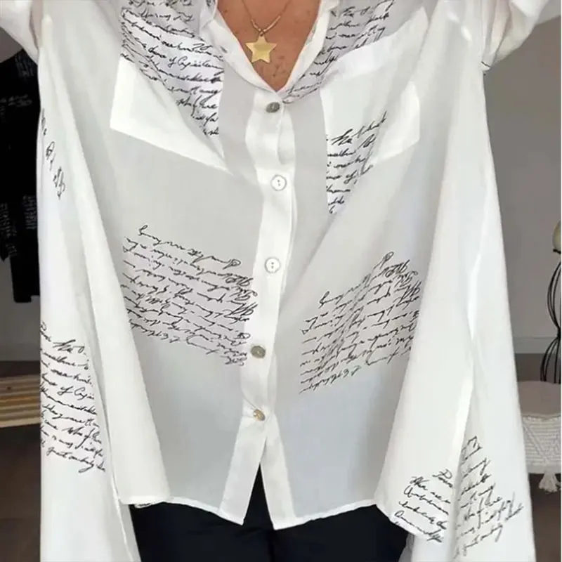 Elegant Fashion Harajuku Slim Fit Female Clothes Loose Casual Sweat All Match Shirt Printed Button V Neck Long Sleeve Blusa