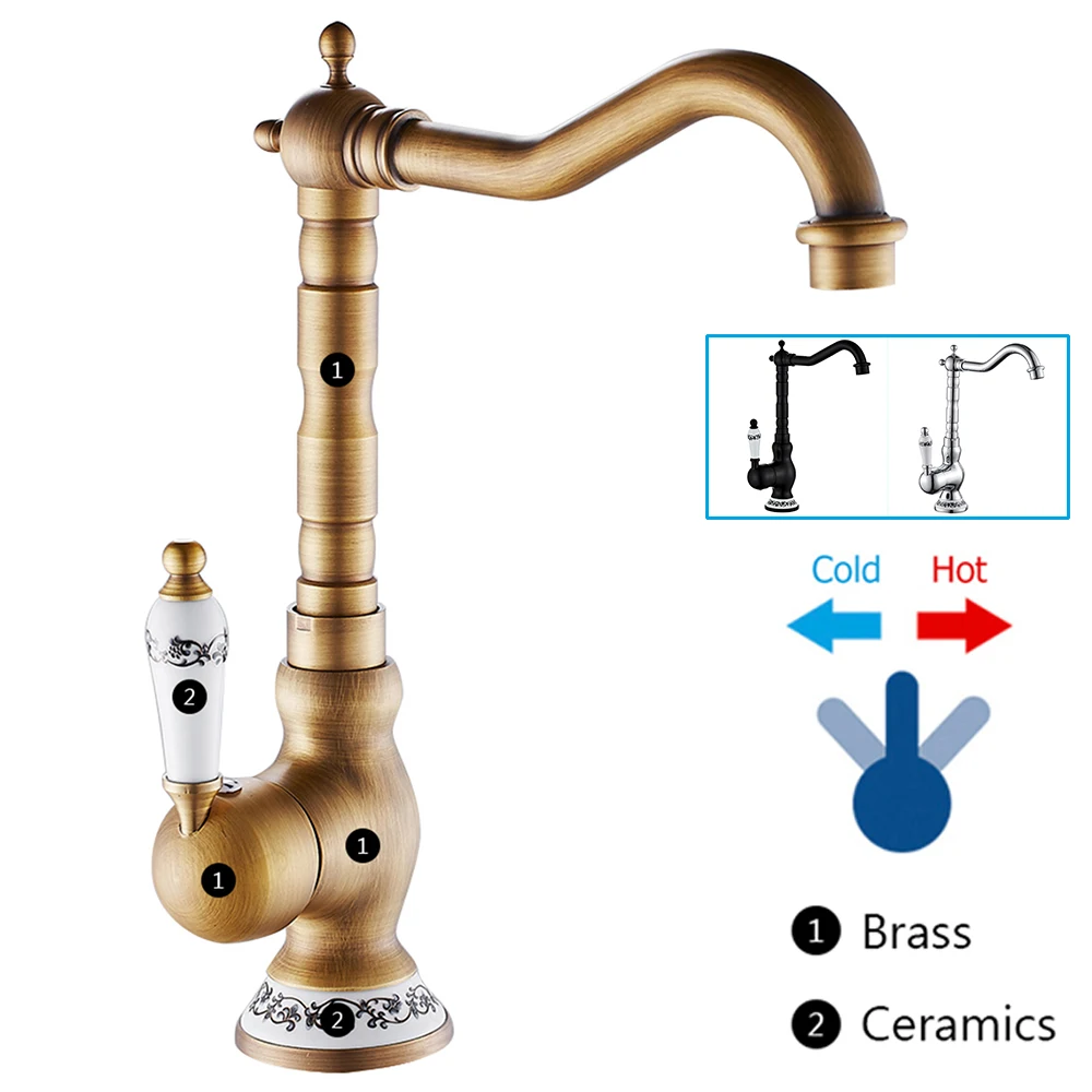 Kitchen Tap 360° Rotatable Vintage Bathroom Tap with Heat and cold control Single Ceramic Lever Faucet Home Bathroom Decoration