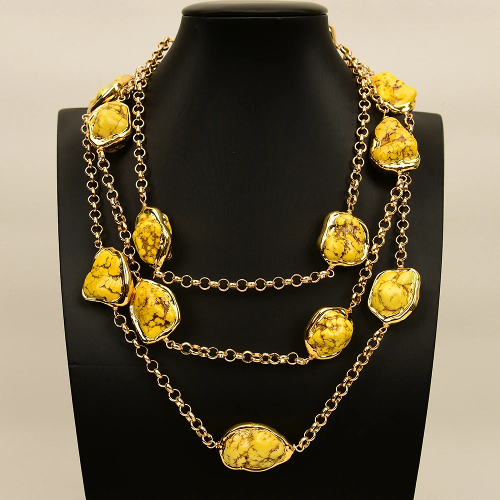 

GG Jewelry Yellow Turquoise Gold Edge Freeform Nugget Shape Beaded Electroplated Chain Necklace