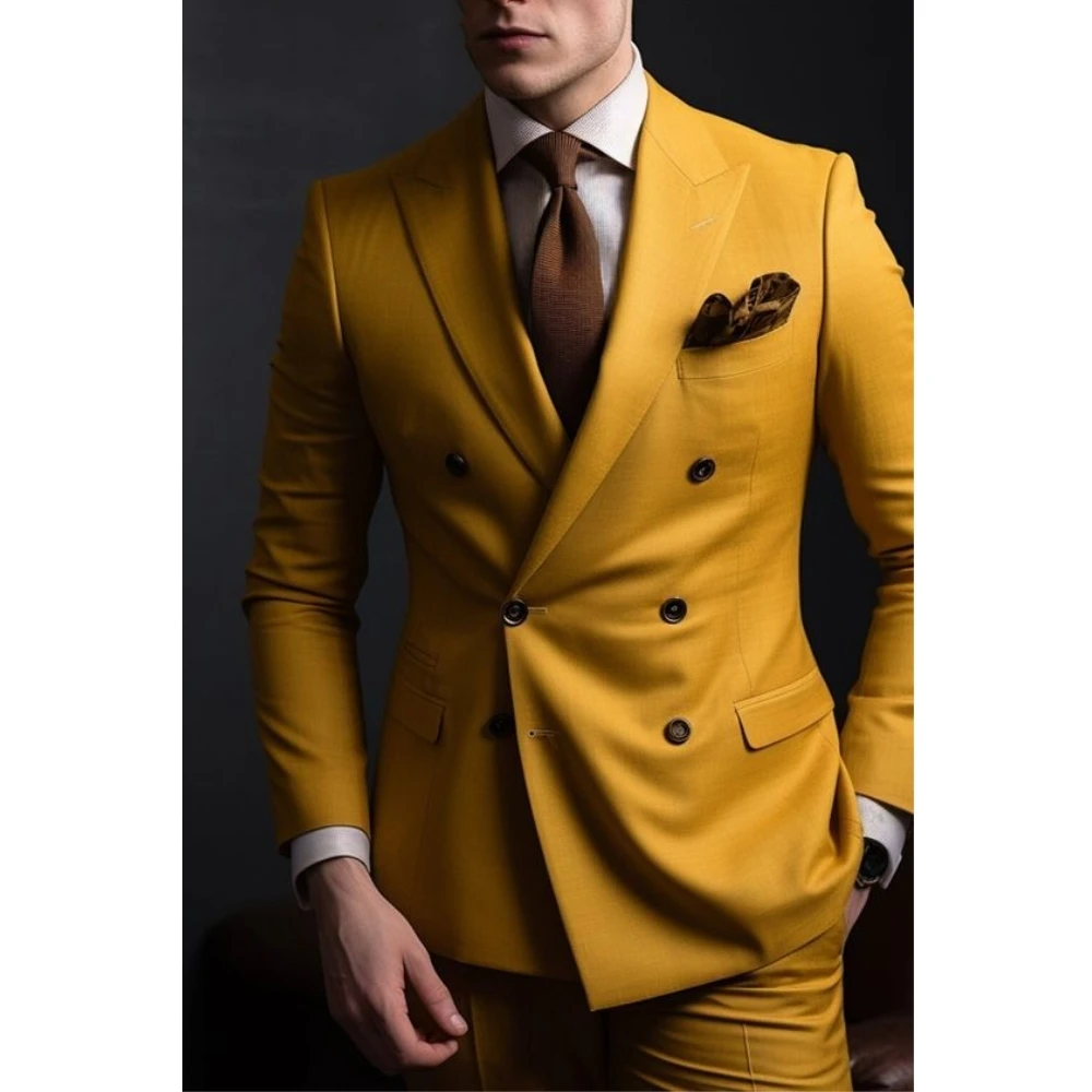 

Tailored Fit Mustard Yellow Double Breasted Suit for Men Peaked Lapel Businees Casual Men Blazer Pant Design 2 Pieces Prom Suits