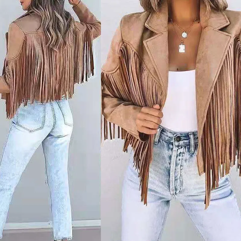 

Fringe Faux Suede Jacket Women's Motorcycle Lapel Handsome Jacket Fall 2022 Ladies Solid Fringed Short Coat Women Jackets