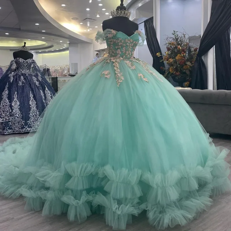 

New Green Quinceanera Dress 2024 Princess Prom Ball Gown Sweet 16 XV Years Birthday Dress Ruffle Layers Train Pageant Mexican