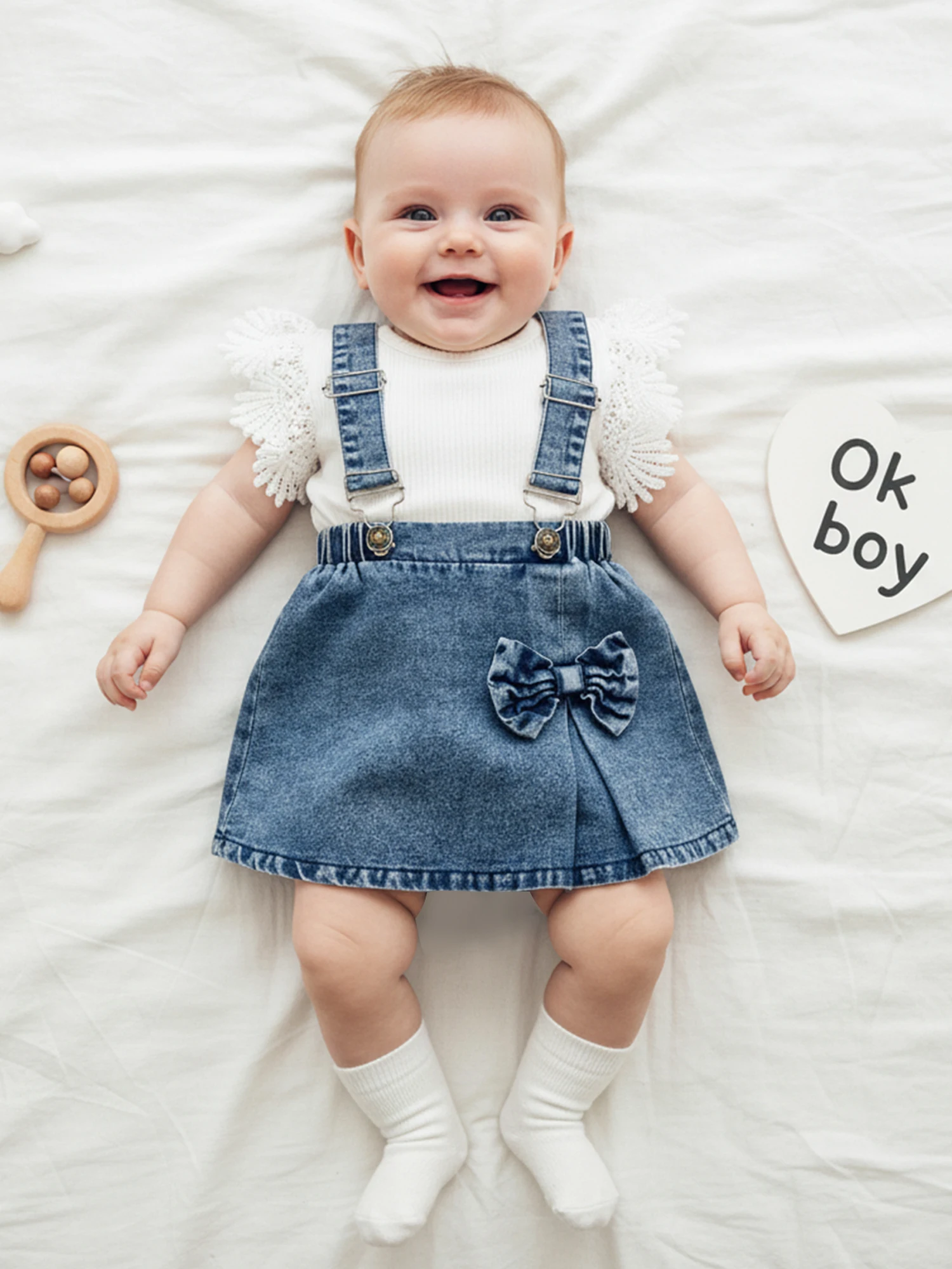 FOCUSNORM 0-18M Schöne Baby Mädchen Sommer Kleidung Sets Outfit Gerippte Kurzarm Strampler Denim Overall Rock Set – Detail 5
