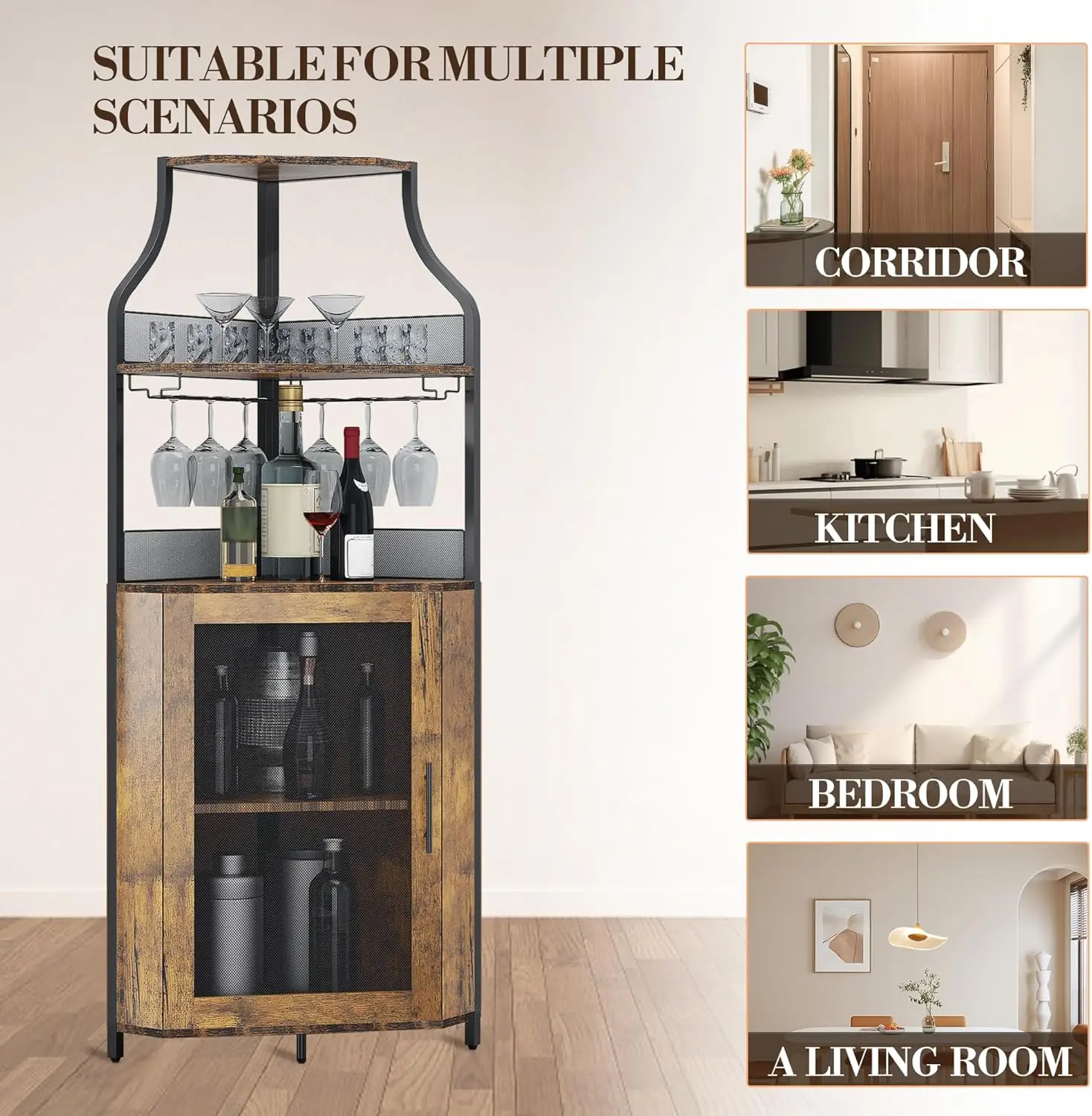 Corner Bar Cabinet, 61" Tall Farmhouse Wine Cabinet with Led Light & Detachable Wine Rack, 5-Tier Industrial Wine Cabinet