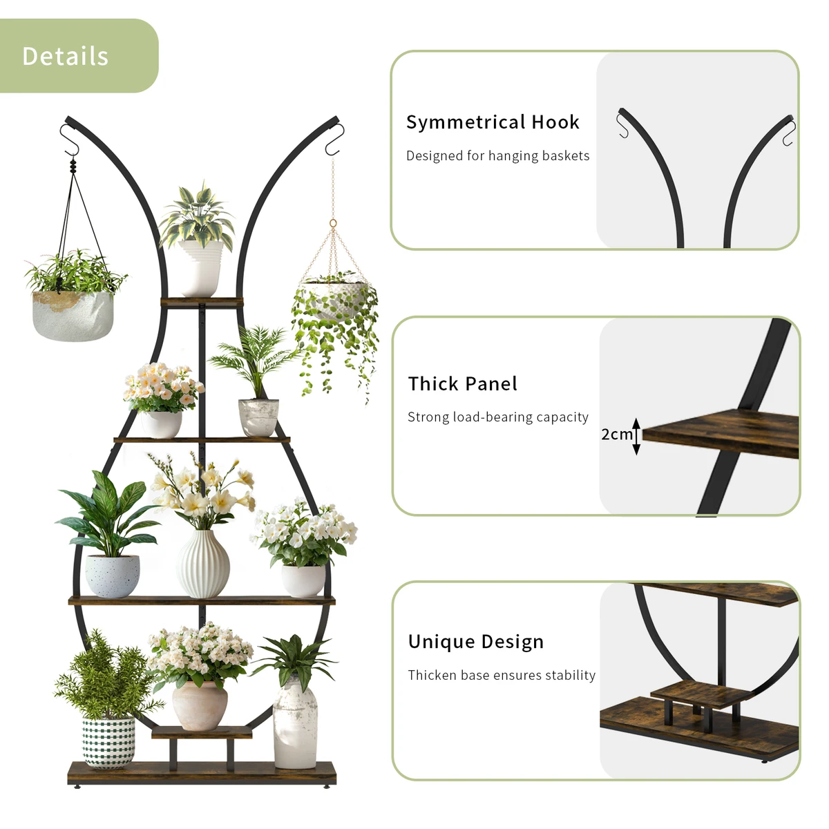 Vase Shape Tall Planter Display Rack Metal Garden Plant Stand with 5 Tiers and Hangers — view 3