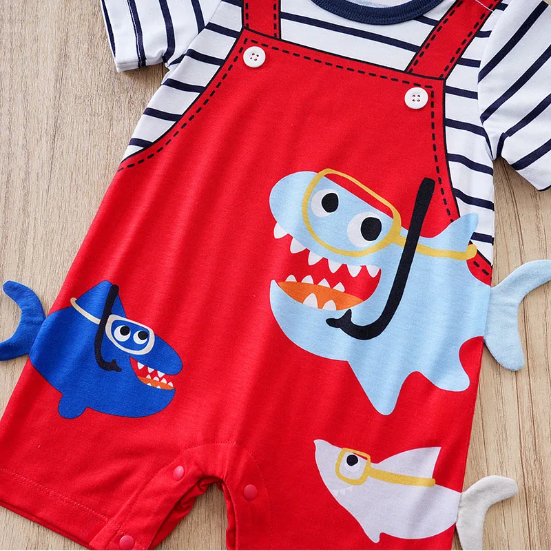 Newborn Clothes Cute Cartoon 3d Shark Print Strap Fake Two Comfortable Summer Boys And Girls 0-18 Short Sleeved Baby Jumpsuit
