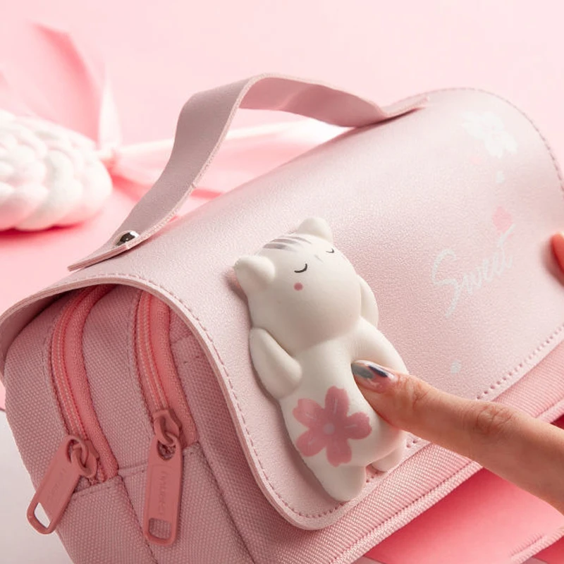Pencil Case Big Portable Girls Pen Bag Double Layer School Pouch Kawaii Cat Large Capacity Stress Relieving