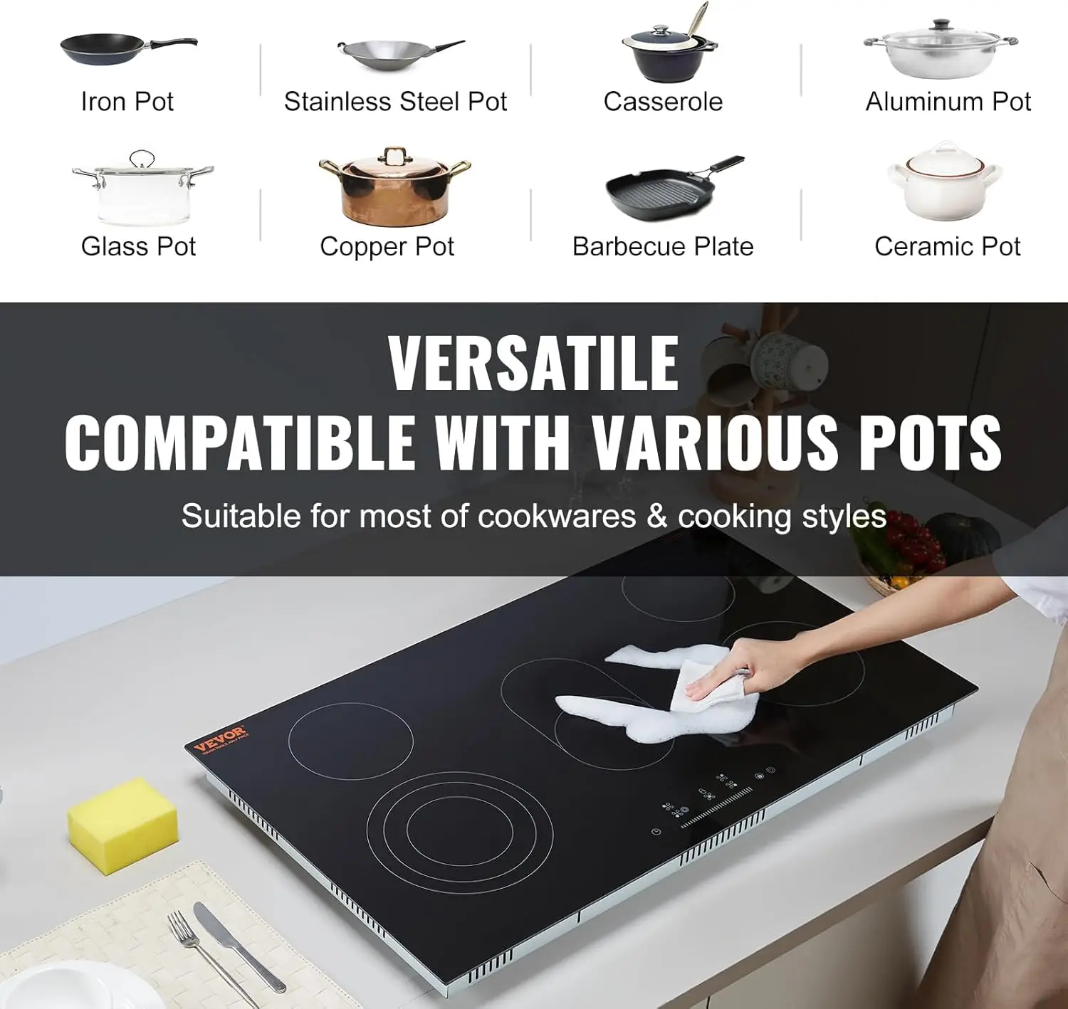 , 36 inch 5 Burners Built-in Electric Stove Top, 8600W Ceramic Top Radiant  with Glass Panel, Touch 4