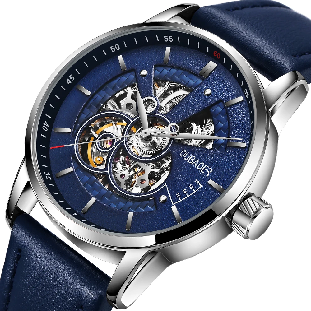 Mens Watches Mechanical Automatic Tourbillon Self Winding Blue Leather Sport skeleton Wristwatches mechanical watch