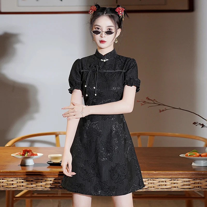 

National Chinese Style Modern Improved Short Sleeve Lace Cheongsam Summer New Hepburn Qipao Dress for Women