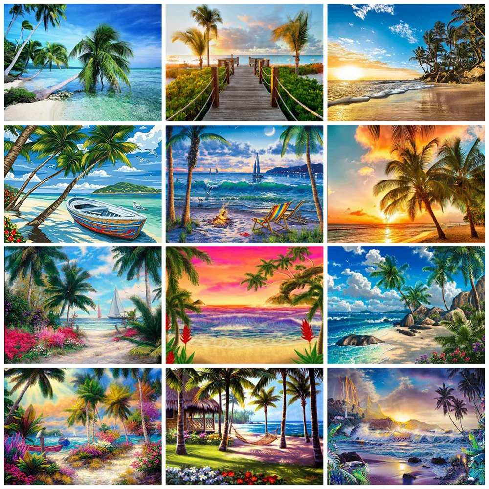 EverShine 5D Diamond Painting Kits Seaside Diamond Embroidery Landscape Mosaic Picture Coconut Tree Art Home Decoration